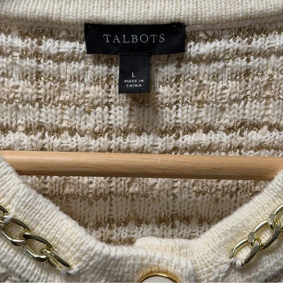 Talbots Ivory Metallic Jacquard Chain Trim Knit Short Sleeve Cardigan, Large - Picture 3 of 9
